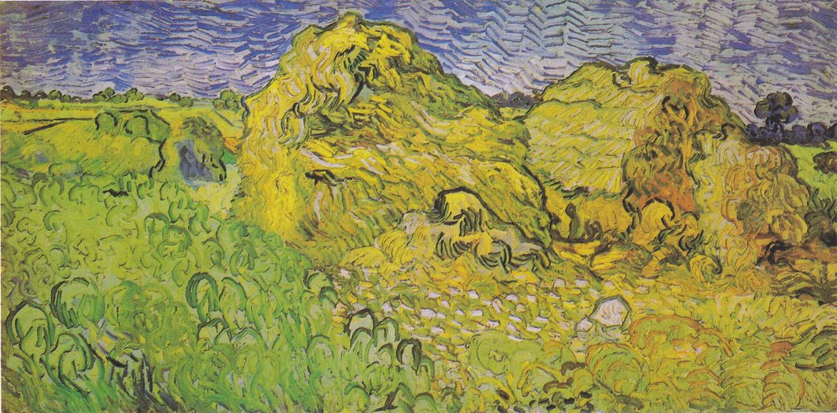 Breites Gemälde eines Feldes mit gelben Garben und einem Streifen Horizont