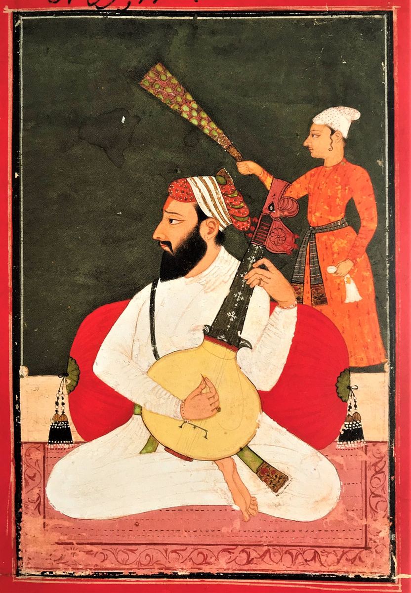 Gemälde eines sitzenden Mannes mit Turban und Laute, hinter ihm ein Diener
