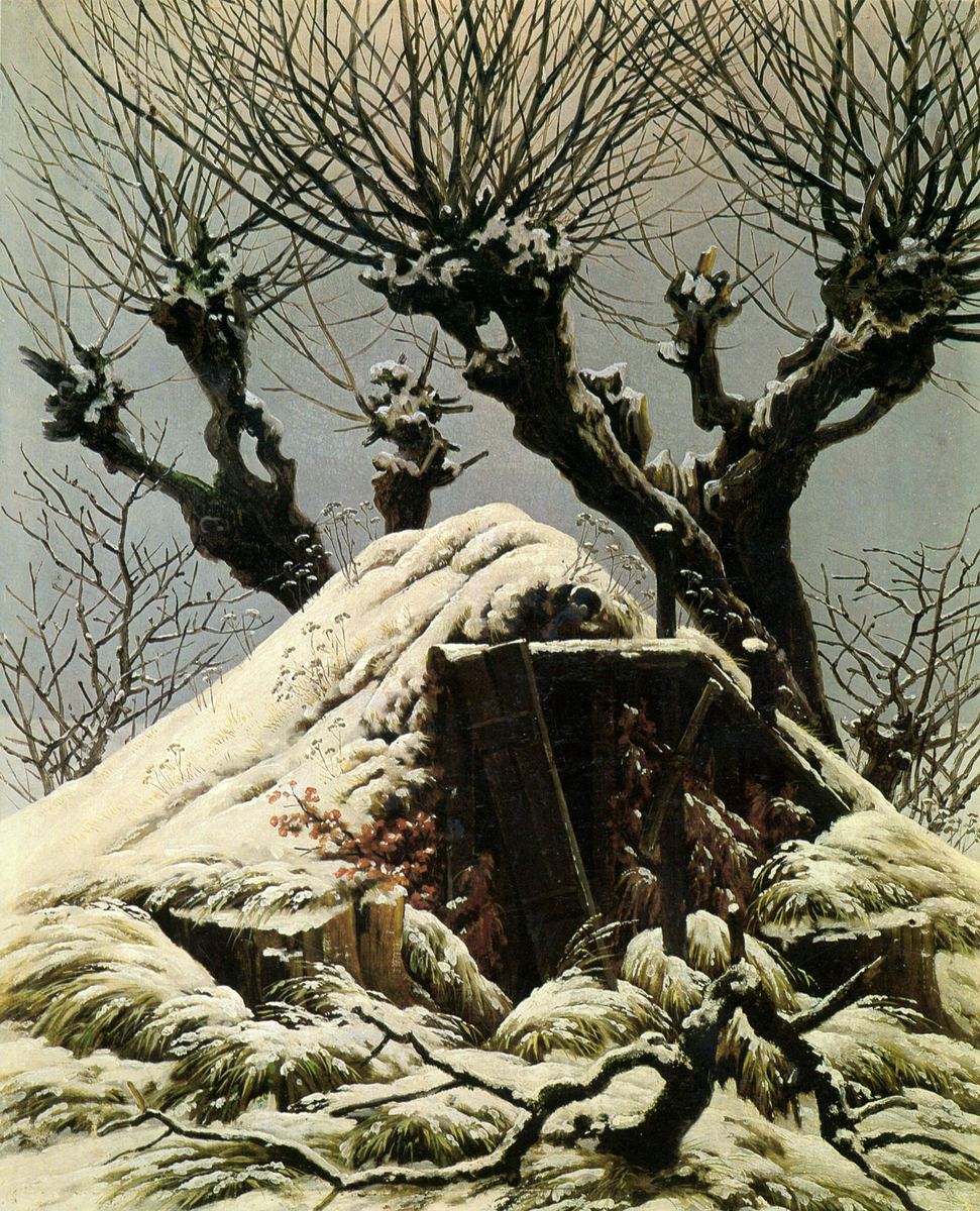 Gemälde einer kleinen, tief verschneiten Hütte zwischen kahlen Weiden